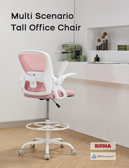 Drafting Chair Tall Office Chair with Flip-up Armrests Ergonomic Computer Standing Desk Chair with Comfy Lumbar Support and Adjustable Footrest Ring for Bar Height Desk(White-Pink)