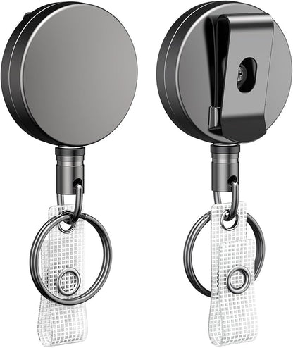 Uniclife 2 Pack Metal Retractable Keychain Heavy Duty Retractable Badge Reel for Badge Holder All Metal Casing with Stainless Steel Spring Coil 27.5 Inch Nylon Rope Belt Clip and Key Ring