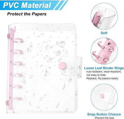 PATIKIL A7 Clear Binder Cover, Soft PVC Loose Leaf Binder Protector Refillable Notebook Shell with Snap Button Closure and 6 Rings for DIY Meeting Notebook Folder, Pink