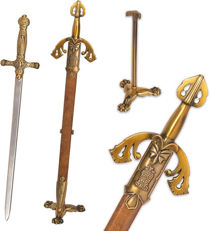 Metal Stainless Steel Sword Letter Opener with Stand,Medieval Vintage Gold Handle,Mini Sword,Lightweight Hand Envelope Slitter,Special Gift