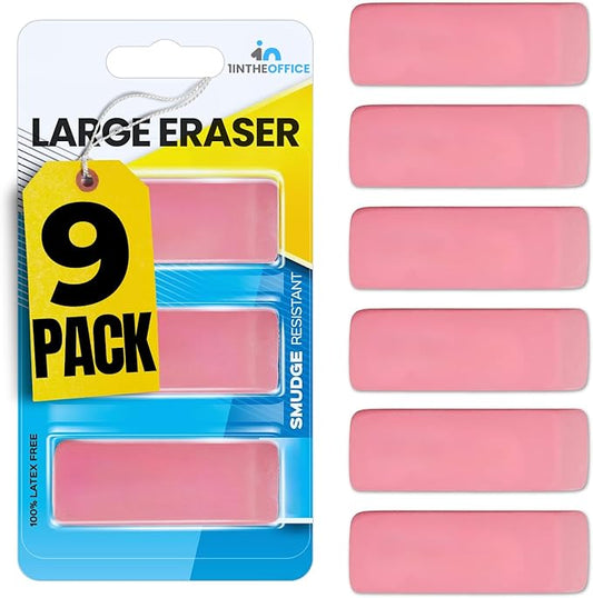 1InTheOffice Pink Erasers, Bevel Erasers, Erasers for Pencils, Large Size, Latex Free, 9 Pack