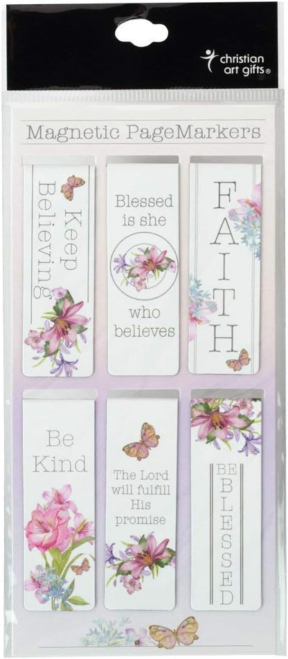 Christian Art Gifts Magnetic Scripture Bookmark Set for Women: Blessing From Above -Inspirational Floral & Butterfly Themed Magnetic Bible Verse Pagemarker Set of 6 for Bibles & Books Size 2.3" x 0.8"