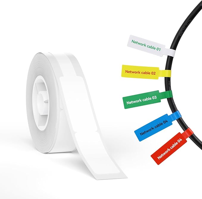 NIIMBOT Thermal Transfer Cable Labels 0.49" x 4.29", Only for B18 Label Maker, PET Material, Waterproof and High-Temperature Resistance, Long Storage Time, 1 Roll of 60, White