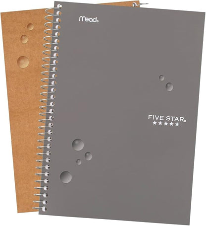 Five Star Spiral Notebook, 2 Subject, College Ruled, 9 1/2" x 6" 80 Sheets, Gray (840029AA3-ECM)