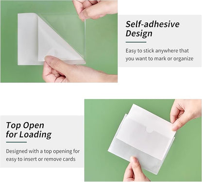 52 Pack Index Card Pockets with Top Open, 4.5 x 3 Inch Adhesive Label Pockets Clear Plastic Index Card Holder for Organizing, Storage Bins, Library Cards, Notes