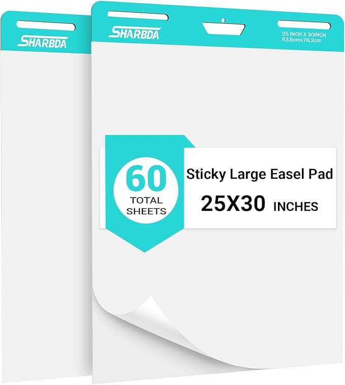 Sticky Easel Pad, 25 in x 30 in,Flip Chart Paper,Sticky Chart Paper for Teachers, Large Self-Stick Easel Paper,Super Sticky & Bleed-Resistant,30 Sheets/Pad,2 Pads