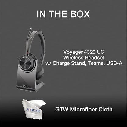Poly Voyager 4320 UC Wireless Bluetooth Duo Headset (USB-A) Teams Version with Charge Stand - Global Teck Bundle with Microfiber Cloth - Deskphone, PC/Mac, Works with Zoom, RingCentral, 8x8, Vonage