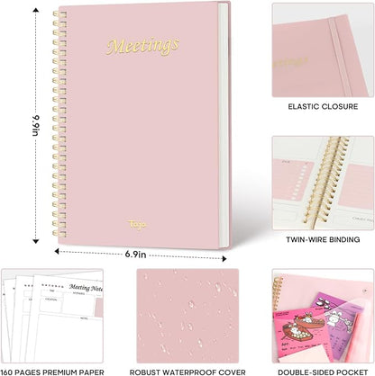 Meeting Notebook For Work Organization - Work Planner Notebook With Action Items, Agenda Planner For Note Taking, 160Pages (6.9" X 9.9") Project Planner For Men & Women - Pink