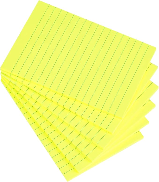 Vanpad Lined Sticky Notes 4X6 in Bright Yellow Ruled Stickies Super Sticking Power Memo Pads Strong Adhesive, 6 Pads/Pack, 45 Sheets/pad