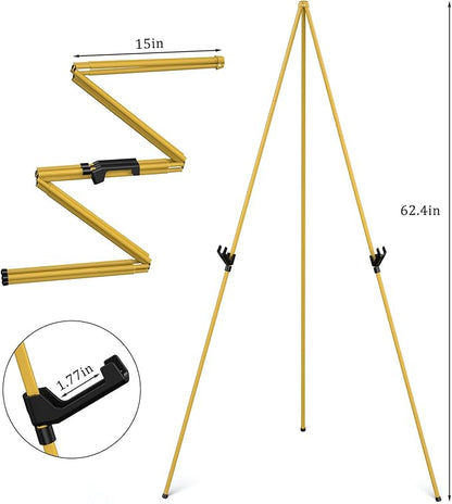 Display Artist Easel Stand - 63" Instant Tripod Collapsible Portable Floor Easel - Easy Folding Adjustable Art Poster Metal Stand for Display Show, Wedding, Painting - Gold