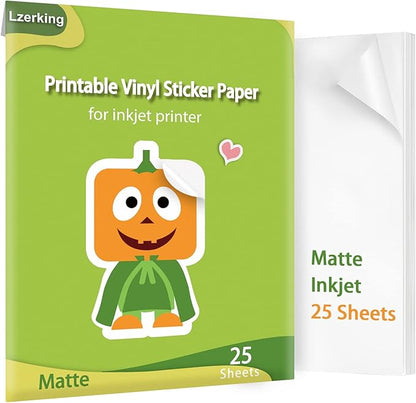 Lzerking Printable Vinyl Sticker Paper - 25 Sheets Matte White Self-Adhesive Waterproof Decal Printable Sticker Paper for Inkjet Printer - Standard Size 8.5x11 Inches DIY Crafts