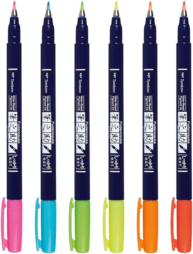 Tombow 56437 Fudenosuke Neon Brush Pen, 6-Pack. Hard Tip Fudenosuke Brush Pens in Assorted Neon Colors for Calligraphy and Art Drawings