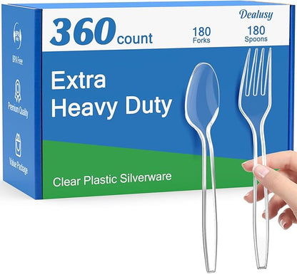 360 Count Extra Heavy Duty Clear Plastic Forks and Spoons, 180 Forks & 180 Spoons, Heat Resistant, Disposable Plastic Silverware, Disposable Spoons and Forks Set Plastic
