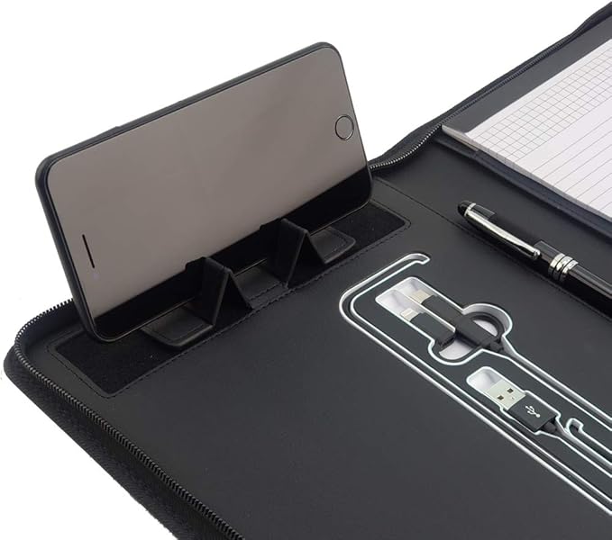Phone Charging Business & Travel Portfolio w/Built-in Power Bank- Zipper Closure & Refillable Pad- Professional Organizer Padfolio That Charges Phones/Tablets on The Go (Black)