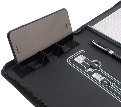 Phone Charging Business & Travel Portfolio w/Built-in Power Bank- Zipper Closure & Refillable Pad- Professional Organizer Padfolio That Charges Phones/Tablets on The Go (Black)