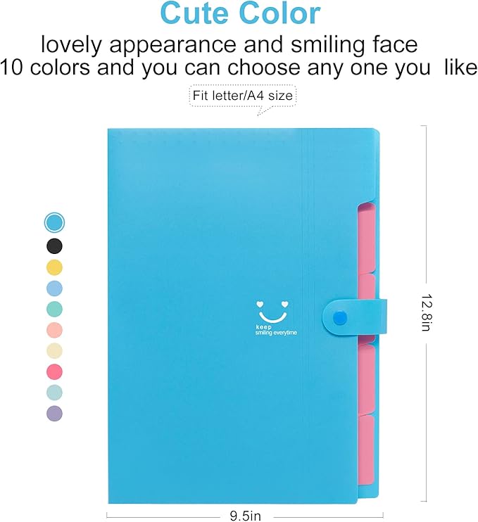 Forvencer Accordion File Organizer, Letter Size, 5 Pocket Expanding File Folder, Cute File Folder with Labels, Portable File Organizer for School Office Supplies, Folders for Documents, Sky Blue