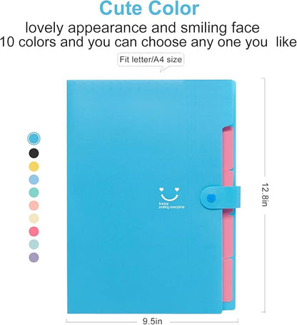 Forvencer Accordion File Organizer, Letter Size, 5 Pocket Expanding File Folder, Cute File Folder with Labels, Portable File Organizer for School Office Supplies, Folders for Documents, Sky Blue