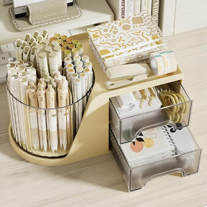 360 Degree Turntable Pen Holder Office Desk Organizer Pencil Holder for Desk Multi-Functional Pencil Pencil Cup Desktop Stationary Organizer Storage for Office School (Beige-with Drawer)