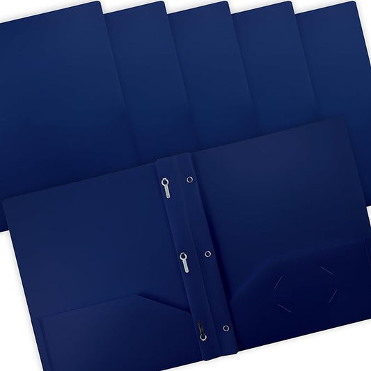 Better Office Products Blue Plastic 2 Pocket Folders with Prongs, Heavyweight, Letter Size Poly Folders, 24 Pack, with 3 Metal Prongs Fastener Clips, Blue