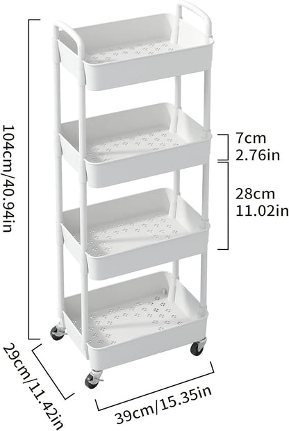 Sywhitta 4-Tier Plastic Rolling Utility Cart with Handle, Multi-Functional Storage Trolley for Office, Living Room, Kitchen, Movable Storage Organizer with Wheels, White