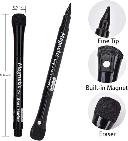 Magnetic Dry Erase Markers, (12 pk) Dealkits Low Odor White Board Markers with Erasers for Kids Teacher Supplies for Classroom Work on White Board, Calender, Fine Tip Point, Black