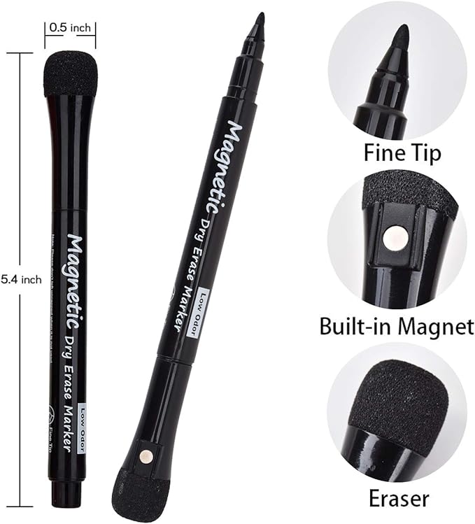 Magnetic Dry Erase Markers - Fine Tip, Black Color, 12 Pack, Low Odor Whiteboard Markers for Kids & School, Work On White board & Calendar, Refrigerator