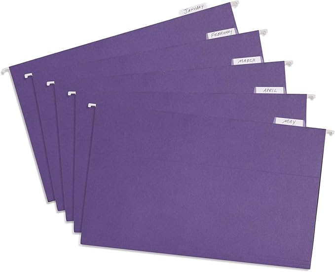 25 Blue Summit Supplies Legal Size Hanging File Folders, Purple Hanging File Folders, Durable 11pt Paper with Plastic Tabs and Inserts Included, 25 Pack