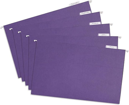 25 Blue Summit Supplies Legal Size Hanging File Folders, Purple Hanging File Folders, Durable 11pt Paper with Plastic Tabs and Inserts Included, 25 Pack