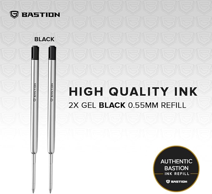 BASTION® Premium Pen Refill, Deeply Pigmented Ink for All Bastion Bolt Action Luxury Pens, Standard Ink Refill with 0.55mm Fine Tip - Black Gel, 2 PCs