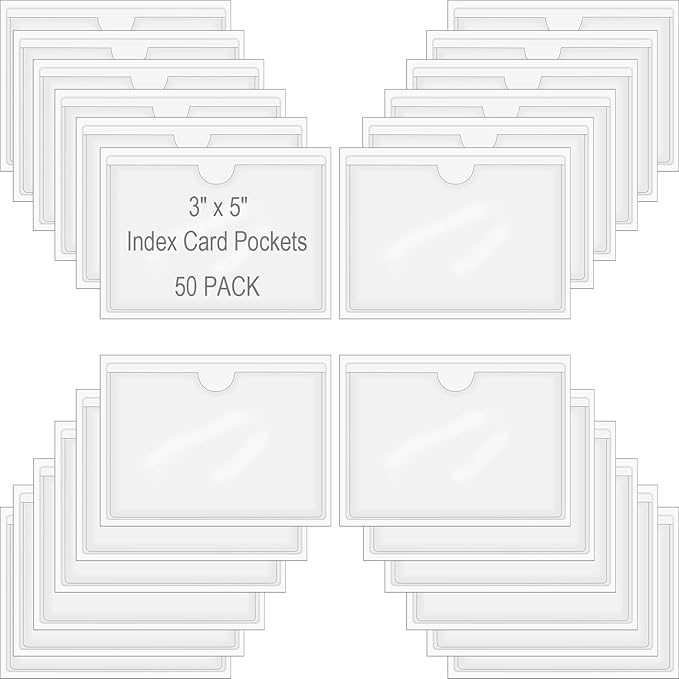 50 Pack Self-Adhesive Index Card Pockets for 3" x 5" Card,Clear Plastic Labels Holders with Top Open for Loading, Storage Bins, Library and Bins