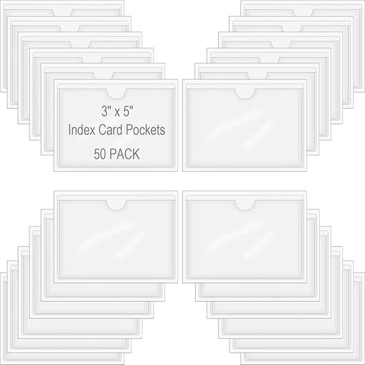 50 Pack Self-Adhesive Index Card Pockets for 3" x 5" Card,Clear Plastic Labels Holders with Top Open for Loading, Storage Bins, Library and Bins