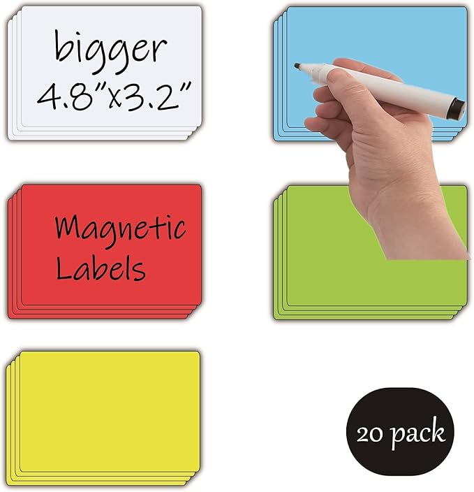 Dry Erase Big Magnetic Labels (4.8x3.2,Pack of 20),Large Write On Magnets Name Plates Sticker,Waterproof/Reusable for Refrigerator&Lockers&Whiteboard&Cabinet(Multicolor)