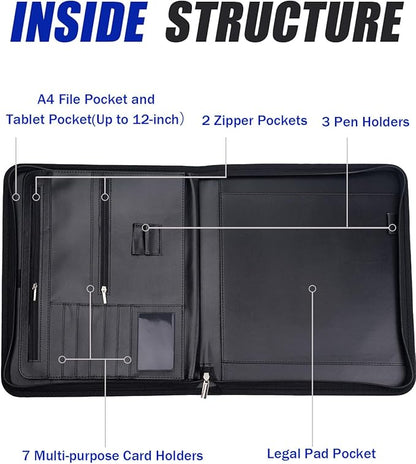 Gwybkq Padfolio Organizer Zippered Portfolio, Leather Binder with Notepad and Gel Pens, Men Women Business Folder for Resume, Document, Pad, Phone and Cards (Black)