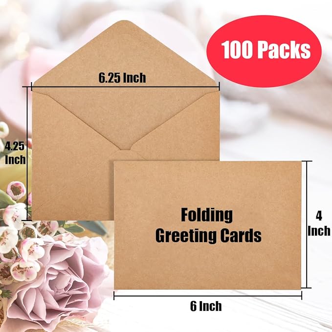 100 Packs Blank Greeting Cards and Envelopes, 4x6 Inch Kraft Blank Cards with Envelope Bulk for Cards Making Printing and Crafting, Stationery Cards with Envelopes for Christmas, Birthday