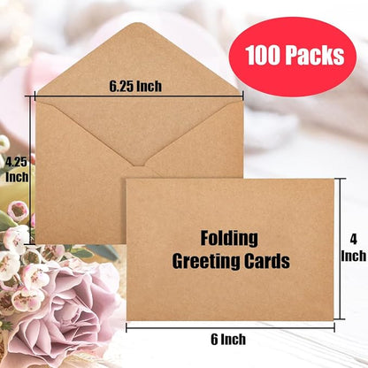100 Packs Blank Greeting Cards and Envelopes, 4x6 Inch Kraft Blank Cards with Envelope Bulk for Cards Making Printing and Crafting, Stationery Cards with Envelopes for Christmas, Birthday
