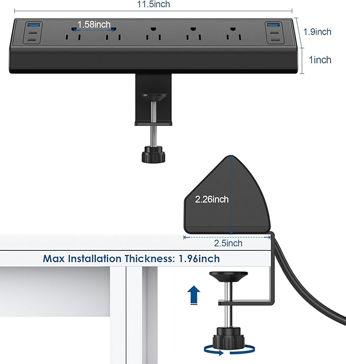 Desk Clamp Power Strip USB C,40W Total Fast Charging Station,4 PD 20W USB C Ports,Desk Edge Mount Power Strip 6 USB Ports 5 AC Outlets Surge Protector,6ft Cord,Fit 1.96" Tabletop Edge
