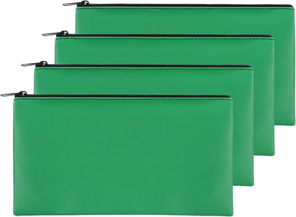 4Pack Money Bag 11 X 6 ", Safe Durable Money Bags with Zipper for Cash Waterproof, Coin Money Pouch PU Leather Bank Bag, Bank Bags with Zipper for Checks Makeup Bills Receipts Tool Storage Bag (Green)