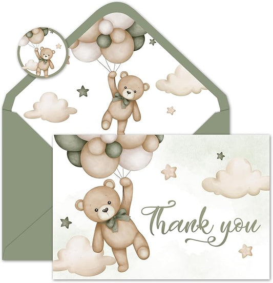 Whaline 24 Pack Bear Thank You Cards Green Bear Balloon Greeting Cards with Envelopes Stickers Cute Cartoon Blank Note Cards for Party Invitation Supplies, 4 x 6 Inch