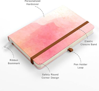 Small Notebook, Mini Pocket Journal A6 5.7" x 3.9", Leather Hardcover Journal with Pen Holder, 160 Thick Papers, Cute Lined Notebook Small Notepad for Women Writing Work Travel, Pink Sunglow
