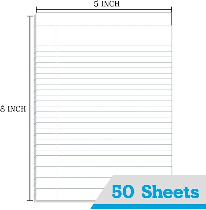 KAISA Small Legal Pad, 5"x8" Writing Pads, Narrow Ruled 5x8 Note Pads For School Office Home Notepads, White 50 Sheets 12 Pads WT-SWT