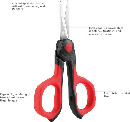 LIVINGO 4.5” Small Sharp Embroidery Scissors, Precise Detail Pointed Tip Stainless Steel Shears for Cutting Fabric, Needlework Thread Yarn Craft Sewing, Scrapbook, Paper, 2 Pack Red/Black