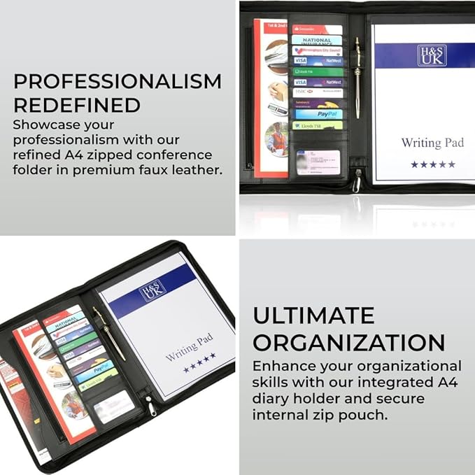 H&S A4 Portfolio Folder with Ring Binder Mechanism - Leather Conference Padfolio with Legal Writing Pad - A4 Document Folder with 11 Business Card Slots for Men