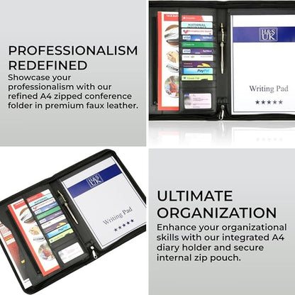 H&S A4 Portfolio Folder with Ring Binder Mechanism - Leather Conference Padfolio with Legal Writing Pad - A4 Document Folder with 11 Business Card Slots for Men