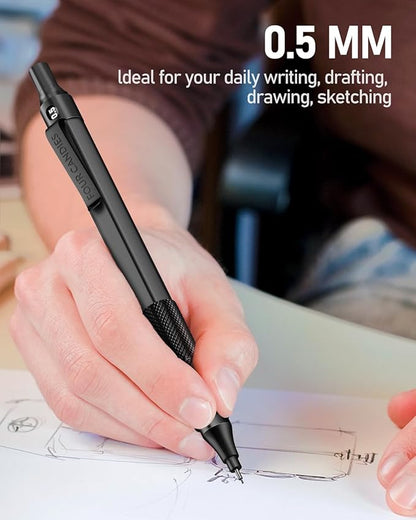 Four Candies 0.5mm Mechanical Pencil Set with Case, 3PCS Metal Artist Lead Pencil with 8 Tubes (480PCS) HB Lead Refills, 3 Erasers, 9 Eraser Refills For Engineer Art Writing Drawing Drafting, Black