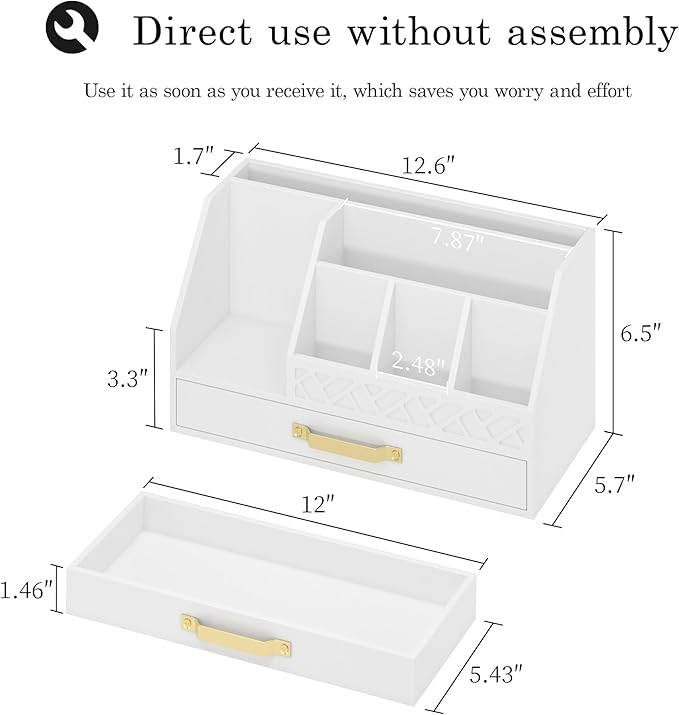 Bamboo Desk Organizer with Drawers, Mail Organizer Countertop Wood Desk Drawer Tabletop Storage Organization Pen Holder Letter Sorter Makeup Organizer for School Home Office (White)