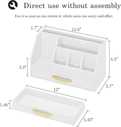 Bamboo Desk Organizer with Drawers, Mail Organizer Countertop Wood Desk Drawer Tabletop Storage Organization Pen Holder Letter Sorter Makeup Organizer for School Home Office (White)