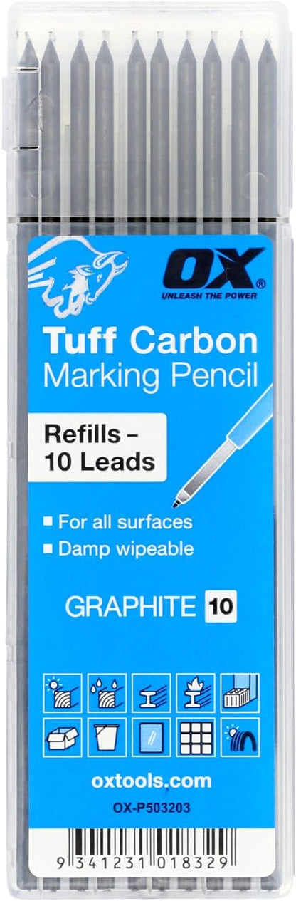 OX Tools ‎Tuff Carbon Marking Pencil Replacement Lead 10-Pack Basic Graphite Lead, 2.88mm lead, OX-P503203