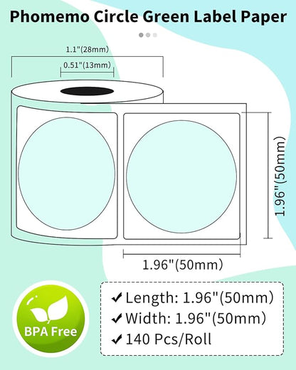 Phomemo Circle Thermal Label Compatible with M110/M100/M120/M150/M200/M220/M250 Label Maker, Sticker Round Thermal Label, 1.96" x 1.96"(50x50 mm), Black on Green