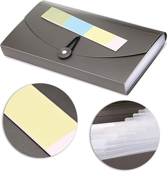 BTSKY Expanding File Folder -13 Pockets Small Accordion File Folder Expandable Card Ticket Holder File Storage Folder Check Bill File Folder Plastic Business Document Organizer Wallet Case New Grey