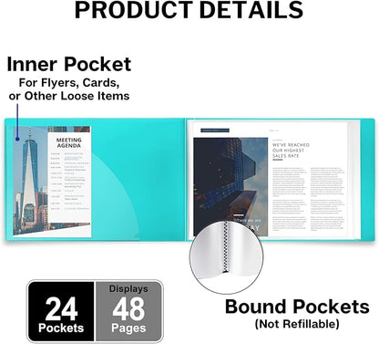 Dunwell 8.5x11 Portfolio Binder (Aqua, Horizontal), Plastic Presentation Book, 24 Pockets Displays 48 Pages of Letter Size Documents, Certificates, Keepsakes, Art Portfolio Folder, Acid-Free Poly